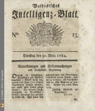 No. 13, Dienstag den 30. Merz 1784