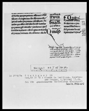 Liber Leviticus cum Glossa ordinaria — Initiale Q (uicquid), Folio 29 verso