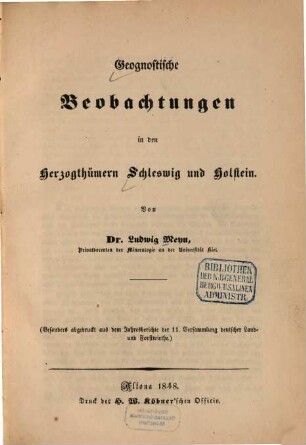 Geognostische Beobachtungen in den Herzogthümern Schleswig und Holstein