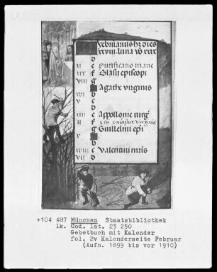 Gebetbuch mit Kalender — Kalenderseite Februar mit zwei Miniaturen, Folio 2verso