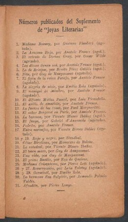 Números publicados del suplemento de "Joyas literarias"