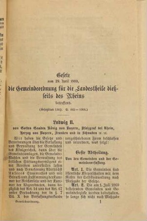 Die Gemeindeordnung für die Landestheile dießseits des Rheins : vom 29. April 1869