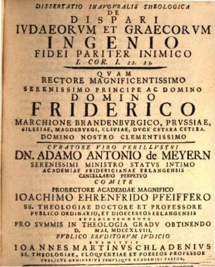 Diss. inaug. ... de dispari Iudaeorum et Graecorum ingenio, fidei pariter inimico, 1 Cor. I, 22. 23