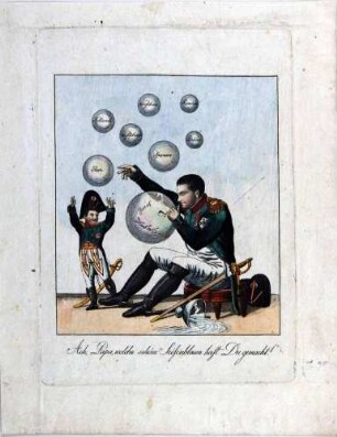 Napoleon-Karikatur: "Ach Papa welche schöne Seifenblasen hast Du gemacht!"
