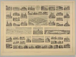Bilderbogen mit zahlreichen Ansichten der Stadt Leipzig: historische Stadtansichten im Zustand von 1547 und 1650, zeitgenössische Ansicht 1885 und wichtige Gebäude sowie Stadtwappen