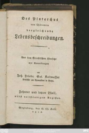 Theil 10: Des Plutarchus von Chäroneia vergleichende Lebensbeschreibungen