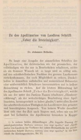 326-341 Zu des Apollinarios von Laodicea Schrift "Ueber die Dreieinigkeit"