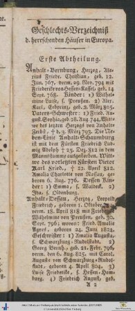 Geschlechts-Verzeichniß der herrschenden Häuser in Europa. Erste Abtheilung.