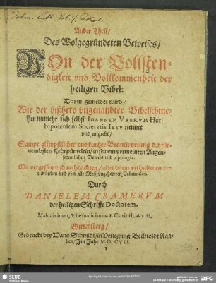2: Ander Theil ... Darin gemeldet wird, Wie der bißhero ungenandter Bibelschmeher numehr sich selbst Joannem Uberum Herbipolensem Societatis Jesu nennet und angiebt ...
