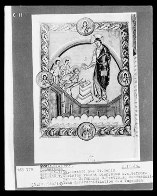 Missale aus Saint-Denis — Christus reicht Dionsysius und seinen Gefährten im Gefängnis die Hostie sowie die Personifikationen der vier Tugenden, Folio 106verso