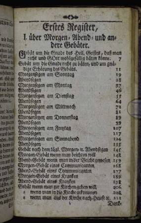 Erstes Register, I. über Morgen-Abend- und andere Gebäter. - VI. Fest-Gebäter.
