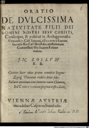 Oratio de dulcissima nativitate Filii Dei D. N. J. C.