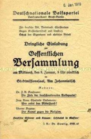 Flugblatt der DNVP mit dem Aufruf zu einer Öffentlichen Versammlung