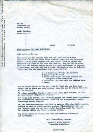 Brief von CCC an Circus Krone, 27.05.1958