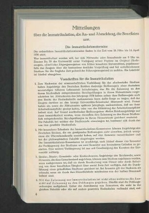 Mitteilungen über die Immatrikulation, die An- und Abmeldung, die Benefizien usw.