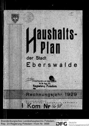 Haushaltsplan der Stadt Eberswalde für das Rechnungsjahr 1929