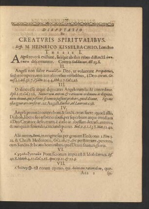 Disputatio De Creaturis Spiritualibus. Resp. M. Heinrico Kisselbachio, Lorichio