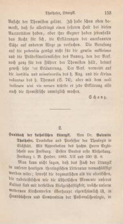 153-159 [Rezension] Thalhofer, Valentin, Handbuch der katholischen Liturgik