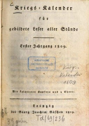 Kriegs-Kalender für gebildete Leser aller Stände, 1. 1809