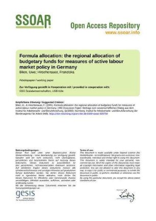 Formula allocation: the regional allocation of budgetary funds for measures of active labour market policy in Germany