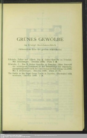 Grünes Gewölbe im Königl. Residenzschloss (Südwestliche Ecke des grossen Schlosshofes)