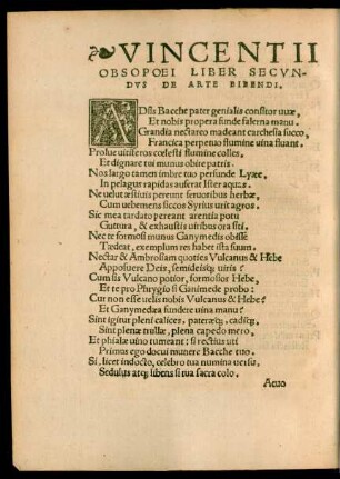 Vincentii Obsopoei Liber Secundus De Arte Bibendi.