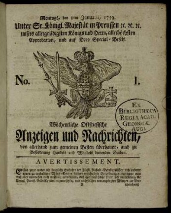 No. 1. Montags, den 1ten Januarii, 1759.