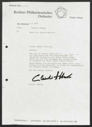 Brief an Gerard Mortier, 05.07.1996