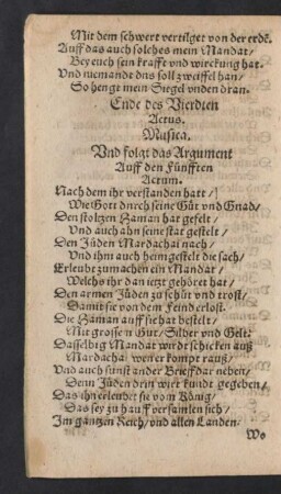 Nun folgt das Argument Auff den Fünfften Actum.