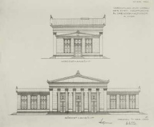 Aufmaß Altstädter Wache (1830-1832; K. F. Schinkel, J. Thürmer) in Dresden, bezeichnet Dez. 1940. Zeichnung von Ernst Dutzmann, signiert von H. G. Ermisch. Fotografie 1954 zum Zweck der Wiedererrichtung 1955-1956 durch die Zwingerbauhütte