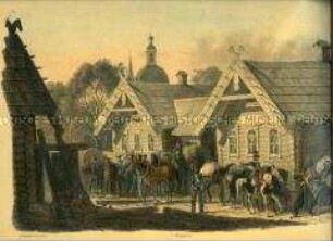 Militärdarstellung, Soldaten des III. Französischen Armee-Korps in einem Dorf zwischen Moschaisk und Moskau am 21. September 1812, Napoleons Russlandfeldzug, 1812. Tafel 60 aus: Faber du Faur: Mit Napoleon in Rußland 1812.