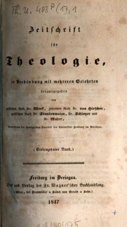Zeitschrift für Theologie. 17. 1847
