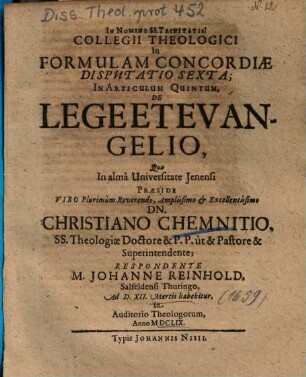Collegii Theologici In Formulam Concordiae Disputatio Sexta; In Articulum Quintum, De Lege Et Evangelio