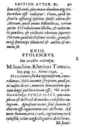 XVIII. Ptolemævs. [...] M. Ioachim. Rheticus Tomo I. Int. pag. 15. Anno 1540.