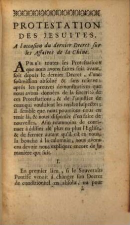 Protestation Des Jésuites A l'occasion du dernier Decret sur les Affaires de la Chine : Avec Des Reflexions Sur la Protestation de Messieurs des Missions Etrangeres