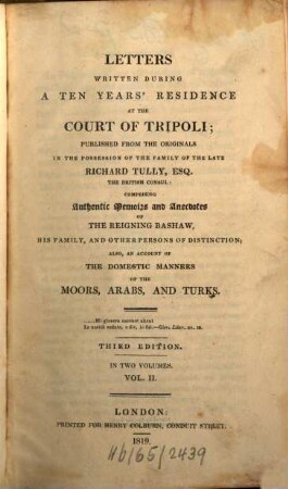 Letters written during a ten years' residence at the Court of Tripoli, 2