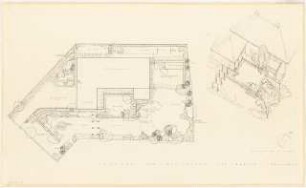 Garten von Borsig, Berlin-Grunewald: Lageplan mit Gartenplan und perspektivische Ansicht (Vogelschau) des Hauses mit Gartenteil an der Terrasse 1:100