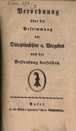 Verordnung über die Bestimmung der Disciplinfehler und Vergehen und der Bestrafung derselben