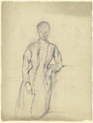 Stehende Frau im hochgeschlossenen Rüschenkleid