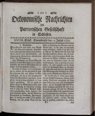 XXVIII. Stück. Sonnabends den 12 Julius 1777.