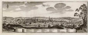 Panorama-Stadtansicht von Marienberg im Erzgebirge von Südosten, aus Merians Topographia Superioris Saxoniae