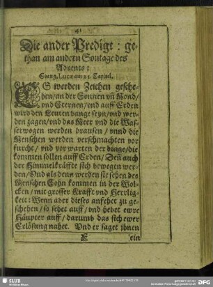 Die ander Predigt: gethan am andern Sontage des Advents: Evang. Lucae am 21. Capitel