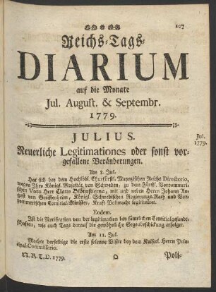 Reichs-Tags-Diarium auf die Monate Jul. August. & Septembr. 1779.