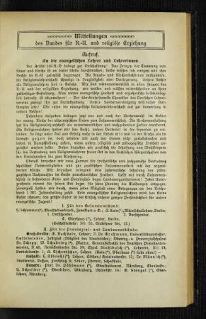Mitteilungen des Bundes für R.-U. und religiöse Erziehung : Aufruf!