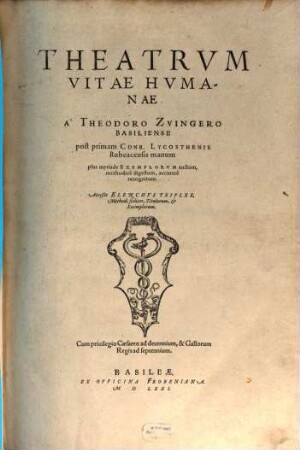 Theatrvm Vitae Hvmanae : Acceßit Elenchvs Triplex, Methodi scilicet, Titulorum, et Exemplorum, 1. Bonorum atque malorum quae in hominem cadunt quorumlibet, Praesidia, Instrumenta, Adiumenta Quatuor Libris complectens. Agit autem I. De Natura et Indole, tum bona, tum vitiosa, ...