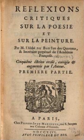 Réflexions Critiques Sur La Poesie Et Sur La Peinture, 1