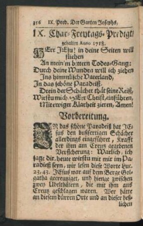 IX. Char-Freytags-Predigt, gehalten Anno 1718.
