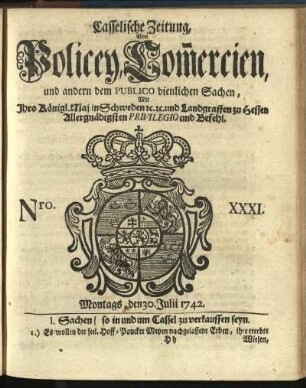Nro. XXXI, Montags, den 30. Julii 1742