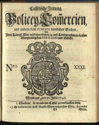 Nro. XXXI, Montags, den 30. Julii 1742