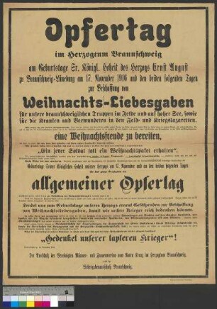 Aufruf zum Opfertag im Herzogtum Braunschweig vom 17. bis 19. November 1916 zur Sammlung von Geldspenden für die Beschaffung von Weihnachtsgeschenken für die braunschweigischen Soldaten im Ersten Weltkrieg